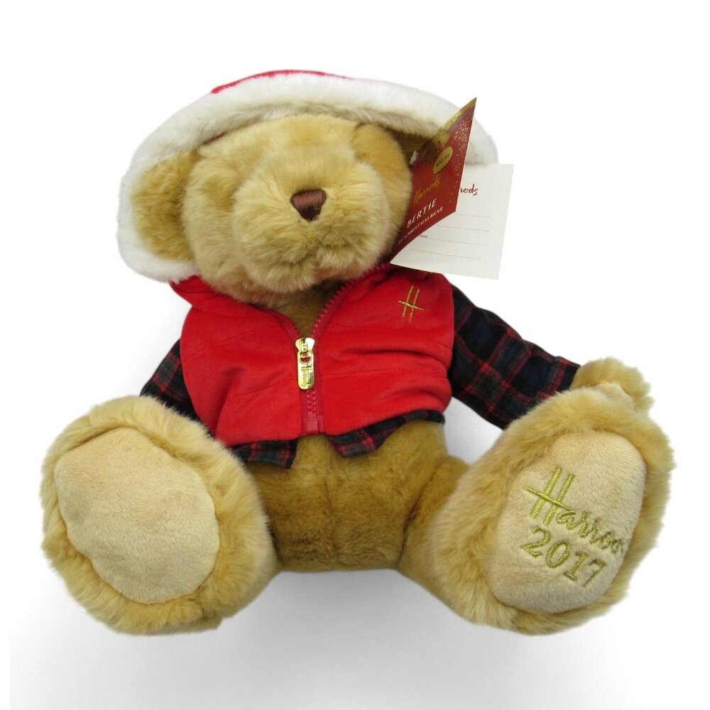 Harrods 2017 Christmas Bear Bertie Red Hooded Vest & Plaid Shirt 10"